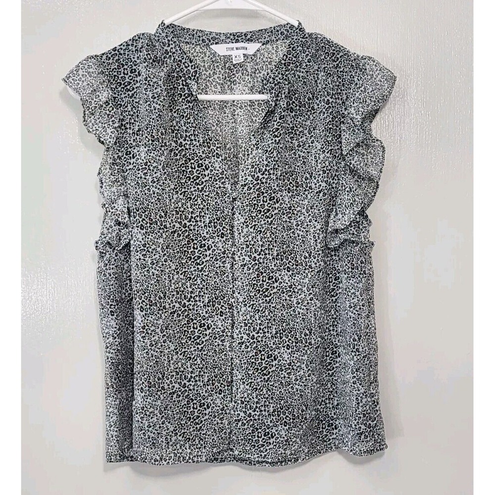 Steve Madden Gray Black Animal Print Blouse‎ Top Womens Size XS Flutter Sleeve